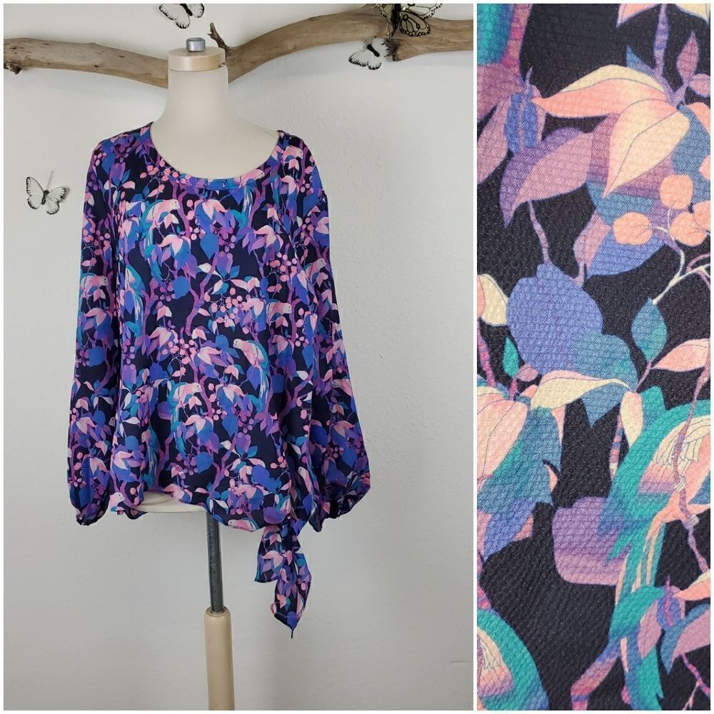 Belle Sky tropical bird side tie long sleeve top